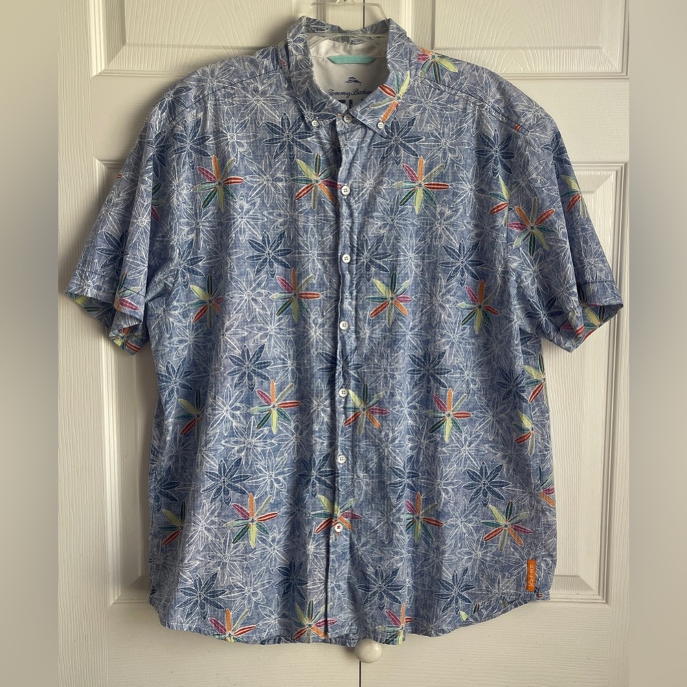 Tommy Bahama Relaxed Fit Blue Surfboards Floral Print Button Up Shirt Size XL